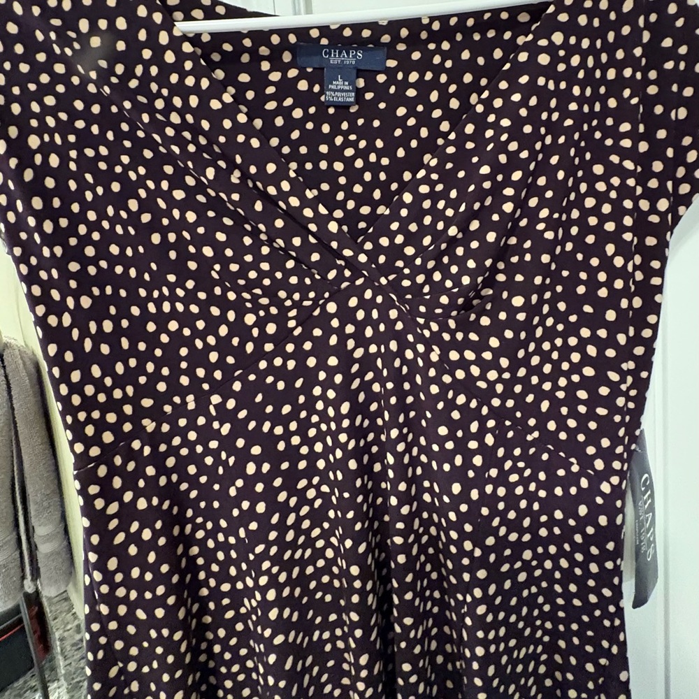Chaps cap sleeve dress, burgundy with cream polka dots